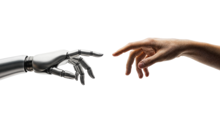 Human hand reaching robot hand, futuristic technology, isolated on transparent background