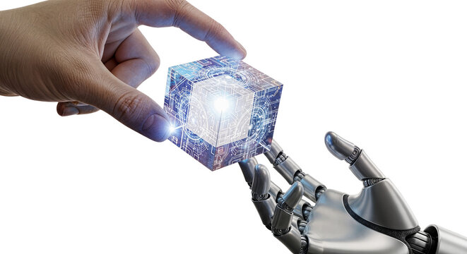 Human hand and robot hand interacting with digital cube on transparent background