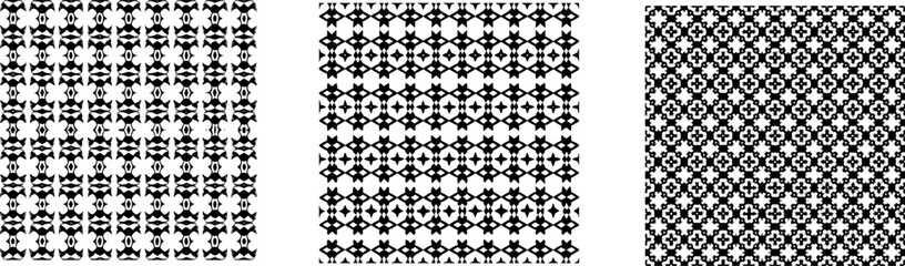Set of black and white decorative patterns featuring floral motifs and geometric seamless textures for textile and background design.
