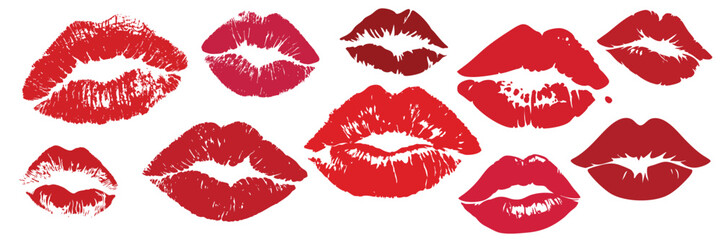 Set of red lipstick kiss marks isolated on white for love romance and valentines day designs