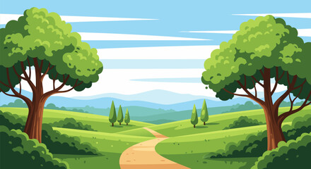 Fototapeta premium Beautiful Countryside Landscape Vector Illustration with Rolling Hills and Green Trees in a Peaceful Setting