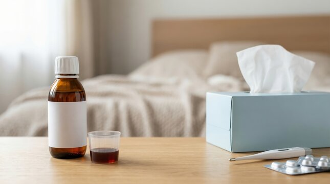 Medicine bottle with blank label and measuring cup sits on a wooden table, accompanied by a thermometer and tissue box, with a blurred bed and soft bedding visible in the background