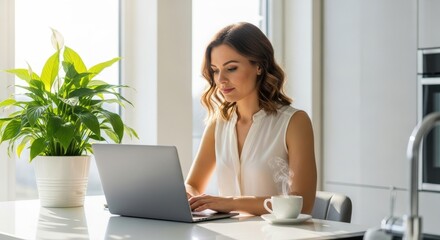 Woman Working Laptop Coffee Plant Kitchen