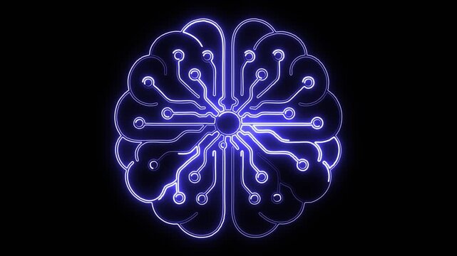 Neural networks brain with glowing blue neon light path effect on plain black background