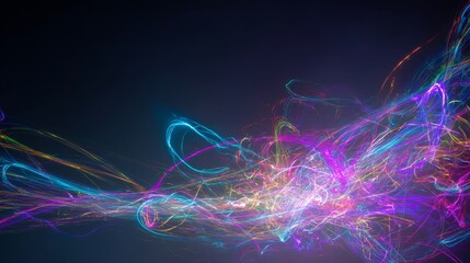 Vibrant abstract colorful light trails on dark background, dynamic chaotic lines creating energy and motion, festive playful atmosphere, modern technology, creativity and digital design
