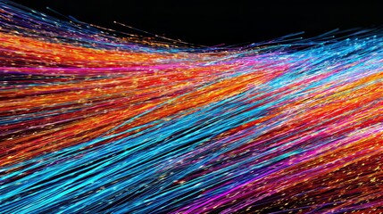 Vibrant abstract colorful light trails on dark background, dynamic chaotic lines creating energy and motion, festive playful atmosphere, modern technology, creativity and digital design