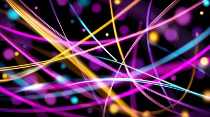 Vibrant abstract colorful light trails on dark background, dynamic chaotic lines creating energy and motion, festive playful atmosphere, modern technology, creativity and digital design