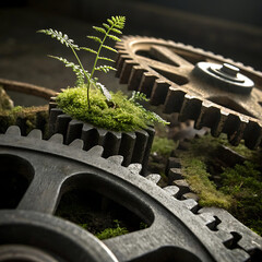 A small plant grows out of a rusty gear in a dark and moody environment