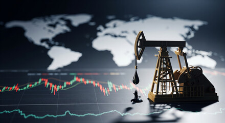 Global oil industry pumpjack on stock market chart with world map background