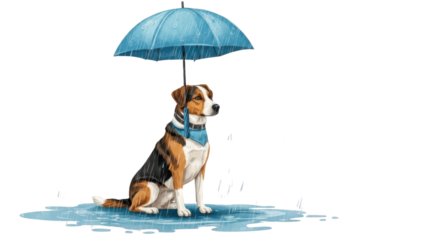 青い傘の下に座るビーグル犬のイラスト