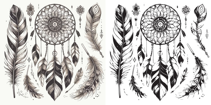 Bohemian Boho Elements - feathers, arrows & dream catcher silhouette vector on white background
