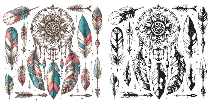 Bohemian Boho Elements - feathers, arrows & dream catcher silhouette vector on white background