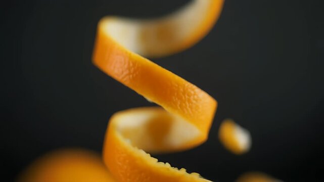 A close-up shot of a spiral citrus peel against a dark gray background. The textured orange rind curves, contrasting with the smooth inner white pith