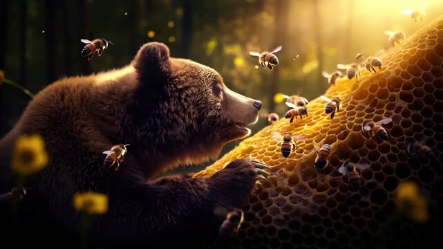 Spring booming. Life. New hope. Season. A vivid portrayal of a bear interacting with a honeycomb, surrounded by bees and sunlight. The bear is depicted in a closeup shot.