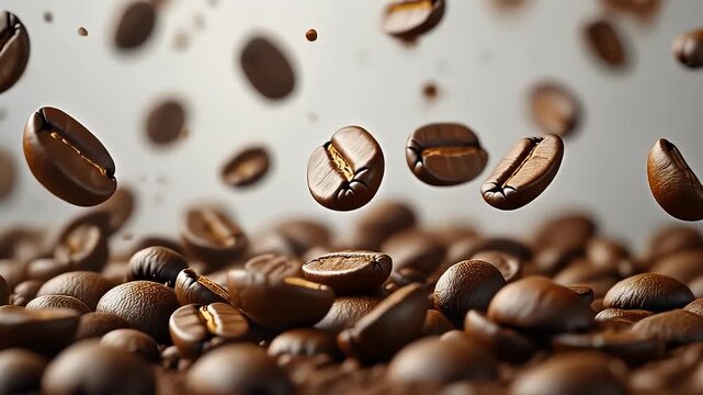 A close-up shot of coffee beans, with some beans in focus and others blurred, creating a sense of depth. Some are floating