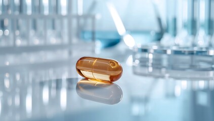 Close up of medical amber capsule on glass table