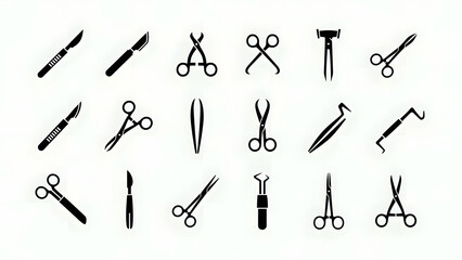 Naklejka premium Professional Surgical Instrument Icons Including Scalpels, Forceps, and Scissors for Surgery