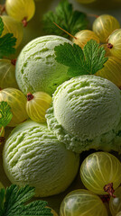 Gooseberry Ice Cream Scoops with Fresh Fruit and Leaf, Refreshing Summer Dessert