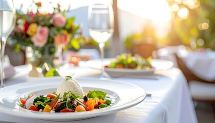 Fresh Salad on White Tablecloth Outdoors.
