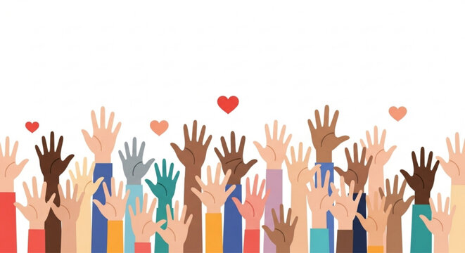 Diverse hands raised in celebration with hearts on a white background  