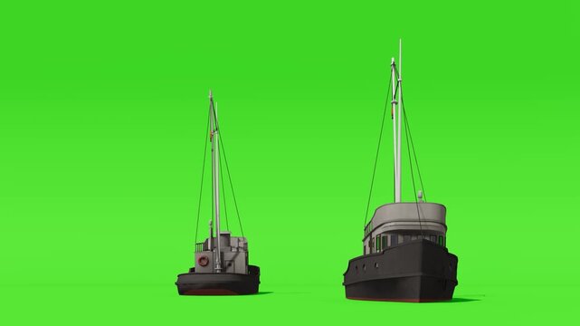 Two 3D Animated Fishing Boats Sailing Against Green Screen Chroma Key