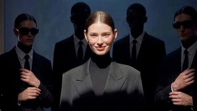 Stylish woman in dark suit with bodyguards conveying authority power leadership and elite corporate or security presence in dramatic studio setting