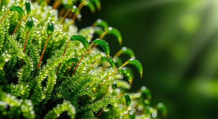 Close-up of green moss with water droplets and sunlight