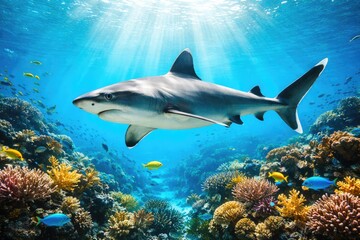 Fototapeta premium Shark Swimming Over Colorful Coral Reef Underwater