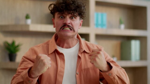 Portrait stressed Caucasian business man feeling rage furious yelling looking at camera businessman yell scream angry male guy screaming in office entrepreneur shouting rude overworked manager shout