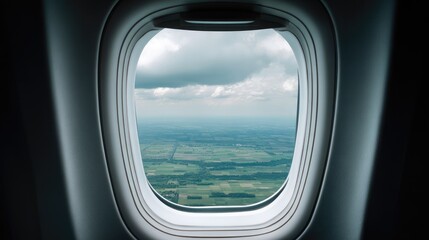Naklejka premium View from Airplane Window Over Farmland and Clouds at High Altitude
