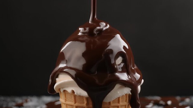 A close-up shows a swirl of vanilla ice cream, encased in a waffle cone, being drenched with glossy, flowing chocolate