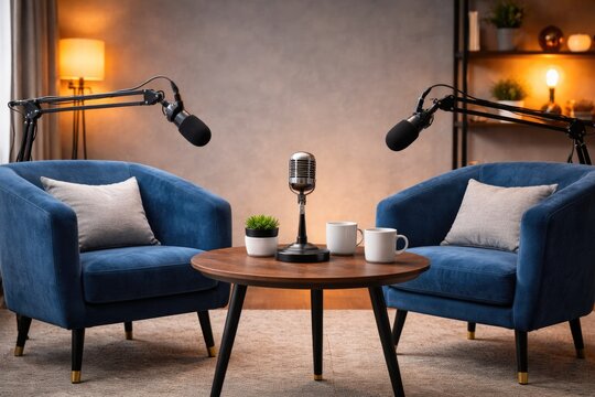 Professional podcast recording studio with microphones and armchairs