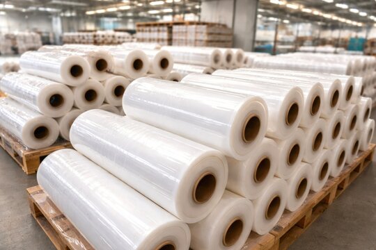 Industrial rolls of transparent plastic film in warehouse storage