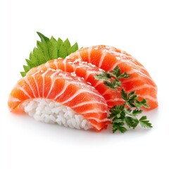Fresh salmon sushi with rice and garnishes on a white background.