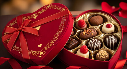 A box of assorted chocolates with elegant Valentine&rsquo;s Day packaging