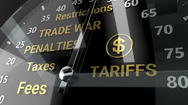 Tariffs fees Taxes Speedometer Trade war Penalties Text Words 3d Animation