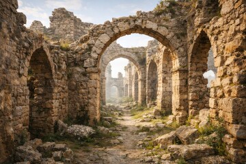 Naklejka premium Ancient Stone Arches in Abandoned Medieval Ruins with Sunlight