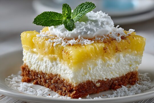 Square slice of pineapple lush dessert shows layers of crust cream cheese and yellow pineapple topping garnished with fresh mint leaves.