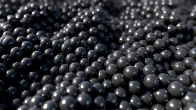 A close-up view presents numerous, glistening, dark-gray spheres clustered together, creating a textural wave effect under soft lighting