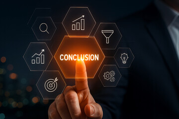 Business analysis interface with glowing hexagons labeled CONCLUSION, SEARCH, ANALYSIS, FILTER, IDEA, GOAL, and PROCESS, symbolizing strategic planning, research, and decision-making success