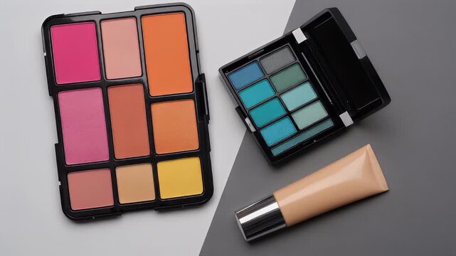 A cosmetic flat lay featuring two palettes, one with various colorful blushes and bronzers, the other eyeshadows. A tube of foundation is also present