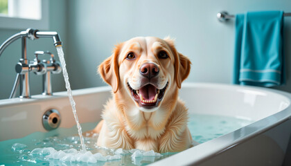 Happy Labrador dog joyfully bathing in a modern bathtub with water  