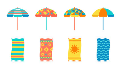 Fototapeta premium Beach vacation vector set with colorful umbrellas and towels, summer seaside accessories, flat design collection of parasols and mats in bright geometric and floral patterns