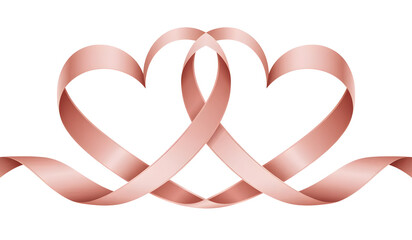 Elegant Rose Gold Ribbon Forms Intertwined Hearts Symbolizing Love, Unity, and Celebration Isolated on transparent background
