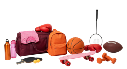 Sports Equipment Collection: Gym Bag, Backpack, Balls, Skateboard, Boxing Gloves