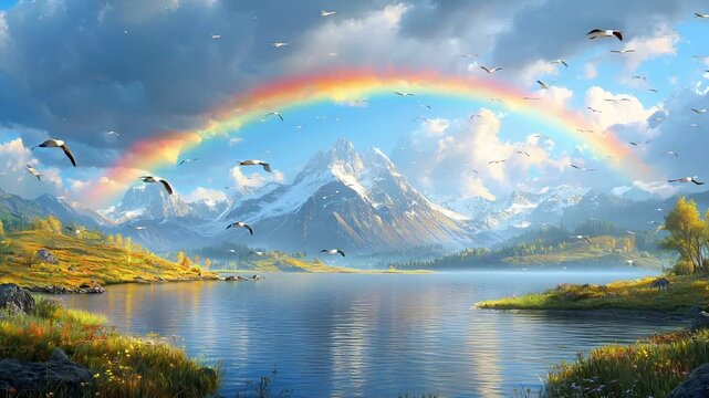 A vivid digital artwork depicting a serene landscape with a rainbow arching over a mountain range. The sky is a mix of blue and white.