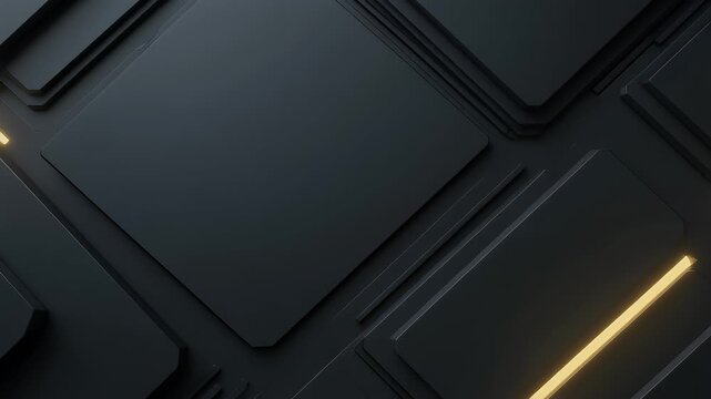 A dark geometric composition featuring layered, angular forms in various shades of gray, subtly illuminated with streaks of yellow light