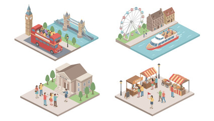 Naklejka premium Isometric city sightseeing vector set with London landmarks, tour bus, canal boat, Ferris wheel, street market, and museum visitors in urban travel vacation concept illustration