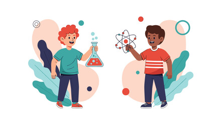 Two diverse young boys exploring science one holding a bubbling flask and the other holding a model of an atom in a nature setting.