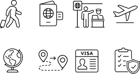 Travel icons with passport, plane, customs, visa.
